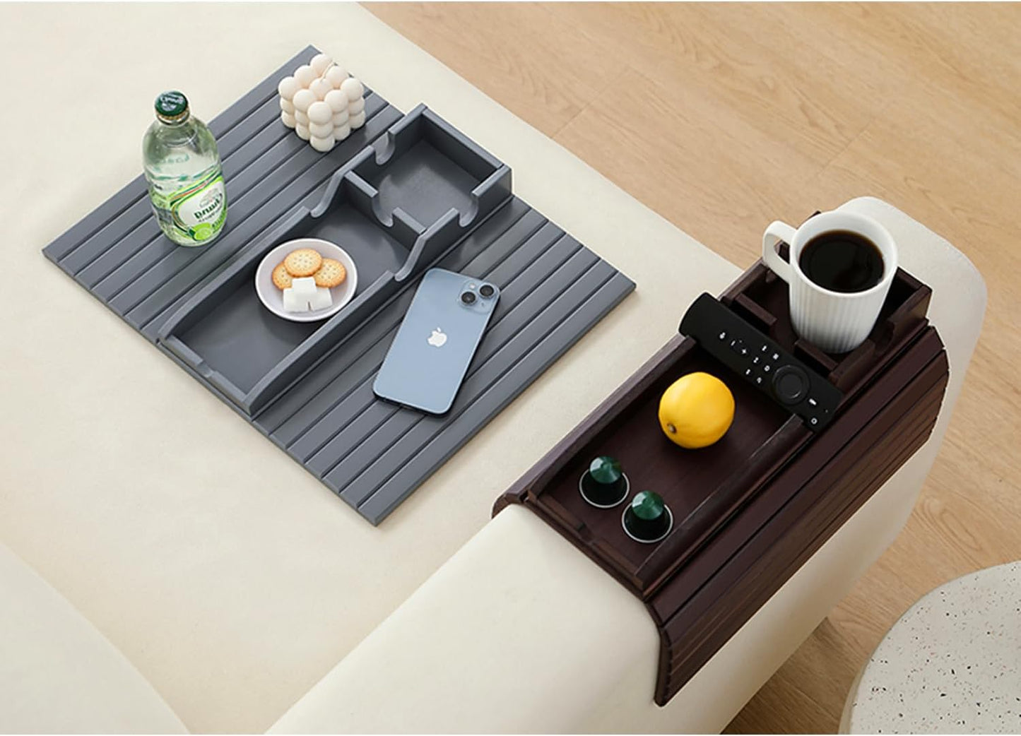 Bamboo Couch Cup Holder Arm Tray Table,Foldable Couch Drink Holder Armrest Table,Sofa Arm Rest Tray,Flexible Arm Chair Table Recliners for Drink,Cups, Snacks, Phone, Remote (Mahogany)
