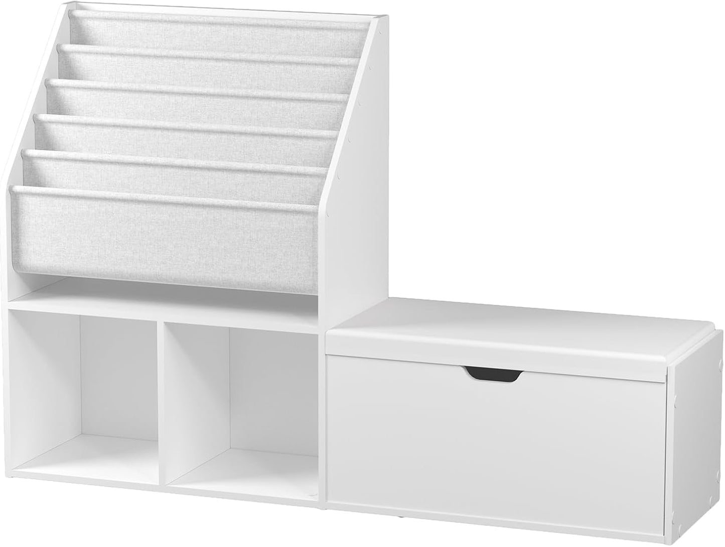47.2’’ Kids Bookshelf with Reading Nook, Toy Storage Organizer with Seat Cushion, 5-Tier Sling Bookcase and Storage with Bench, for Playroom, Kids Room, Living Room, Nursery, White KBWT8501
