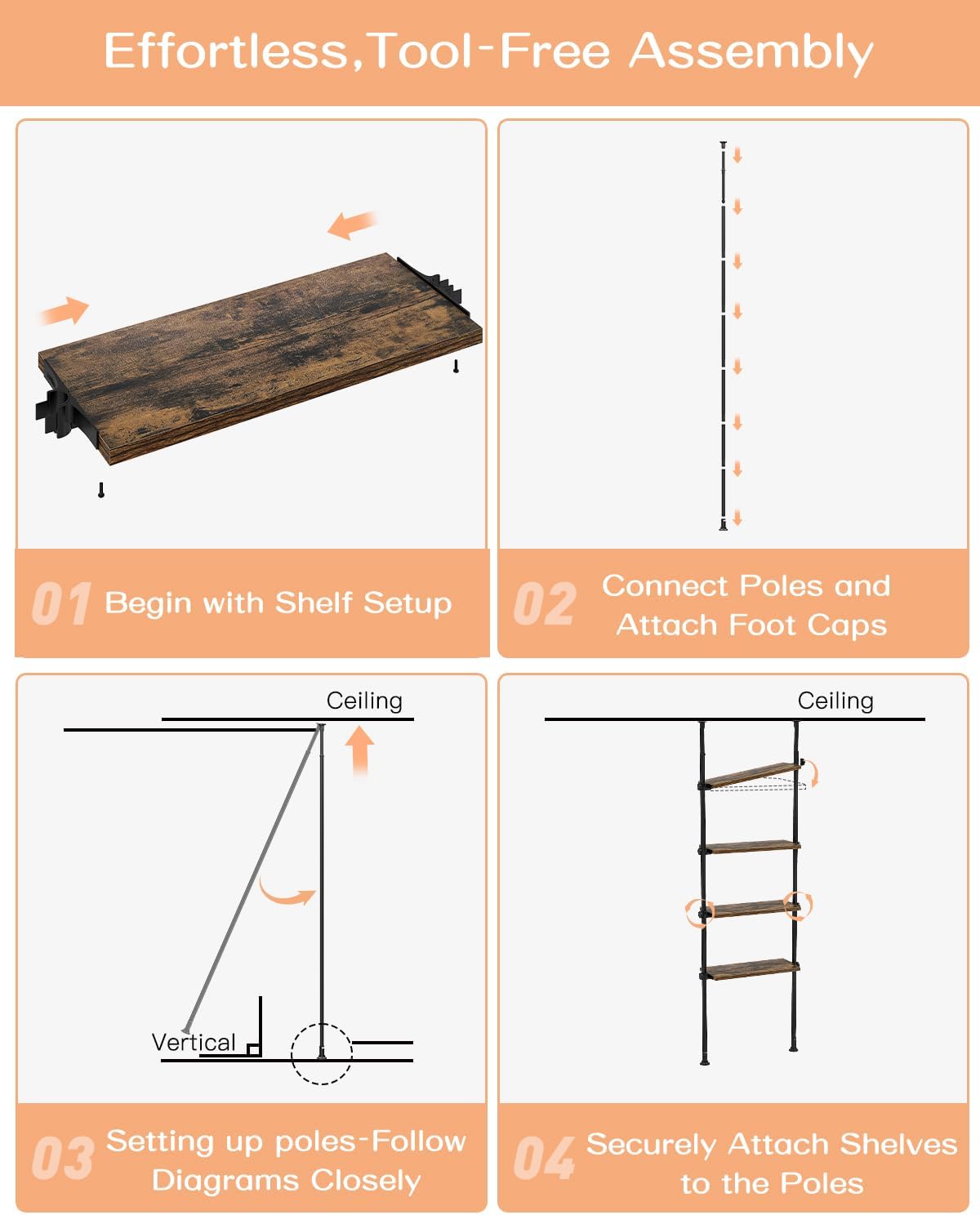 ALLZONE Adjustable Tall Narrow Bookshelf for Bedroom, 4-Tier Ladder Bookcase for Small Spaces, Tension Mount Tall Skinny Book Shelf with Open Storage, 64 to 113Inch Height