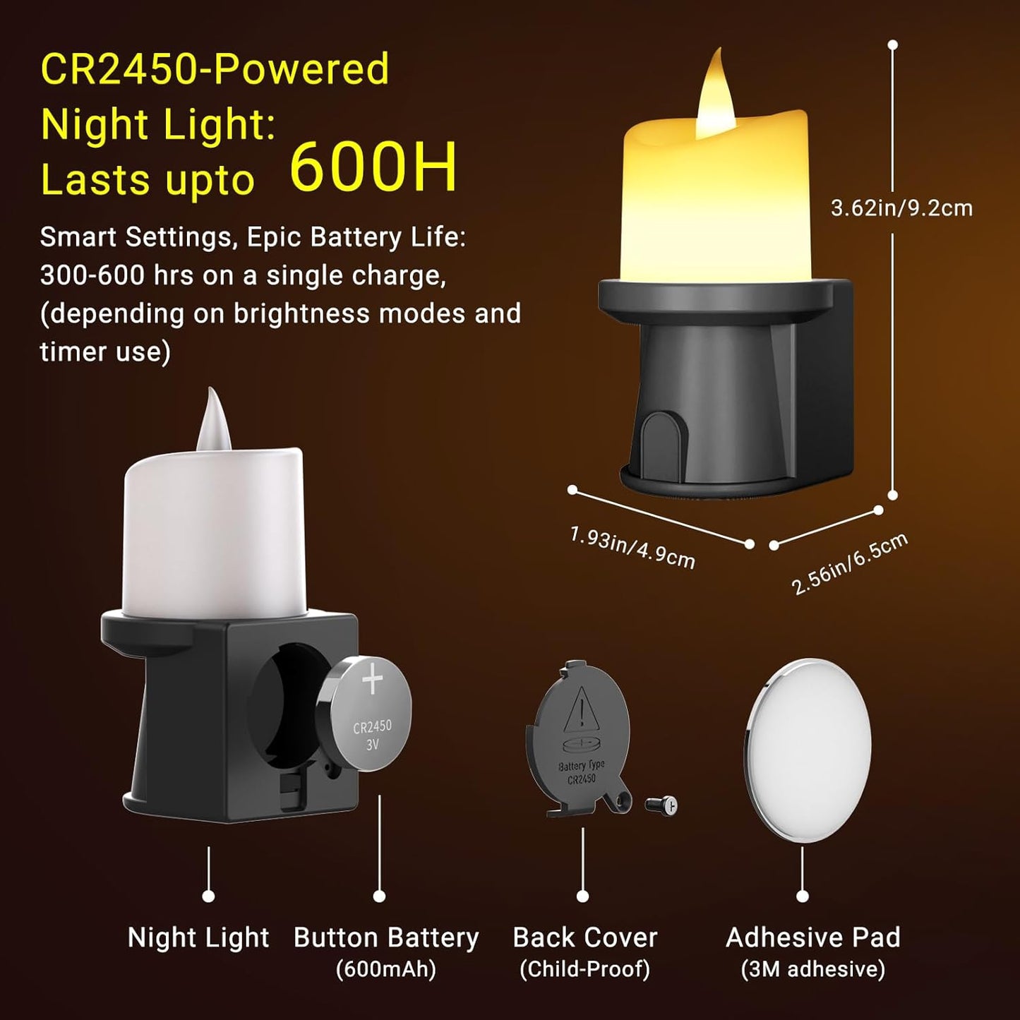 Flameless Candles Night Light with Flickering Flame, Battery Operated LED Night Light, Magnetic Attachment for Easy Placement, Realistic Candlelight for Home, Bathroom, Window Decor (Black, 2 Pack)