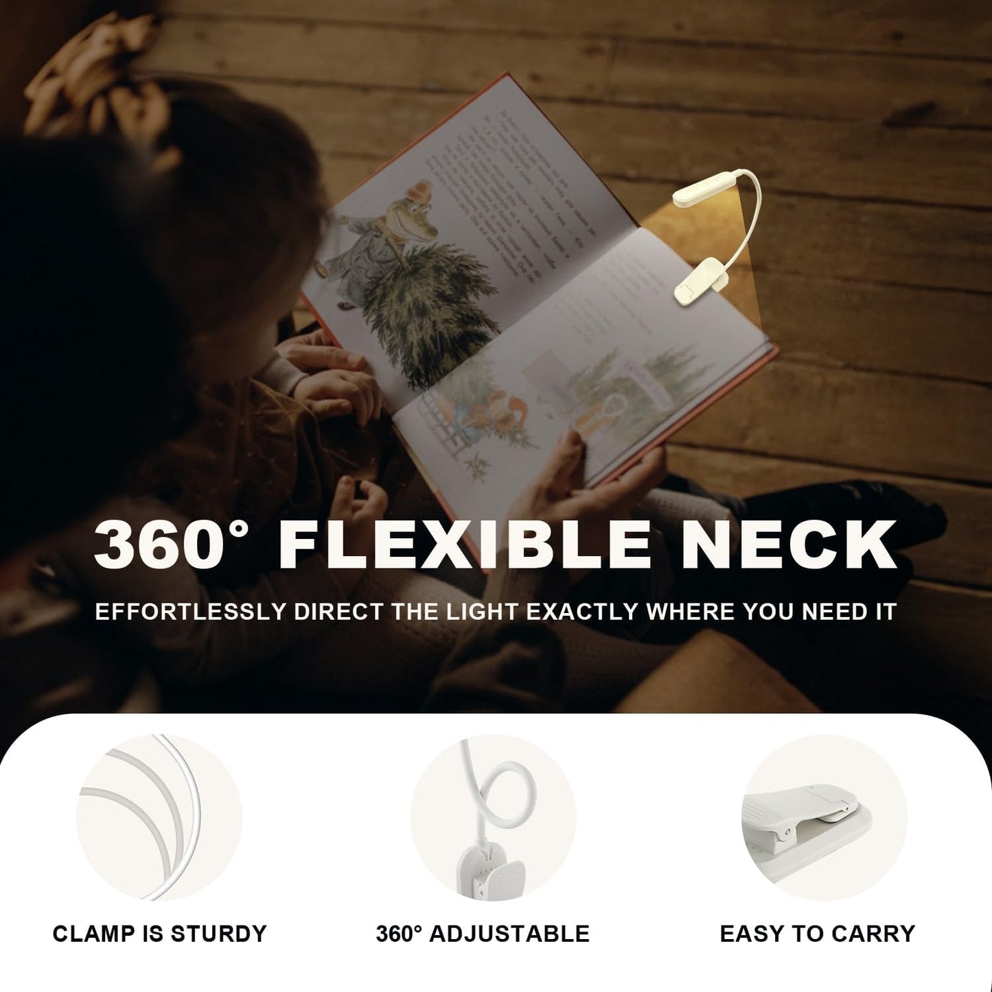 Rechargeable 20 LED Book Lights for Reading at Night - Energy Saving with Extended 60Hrs Runtime, 15-Level Stepless Dimming, Flexible Lightweight Clip on Light for Studying, Travel, White