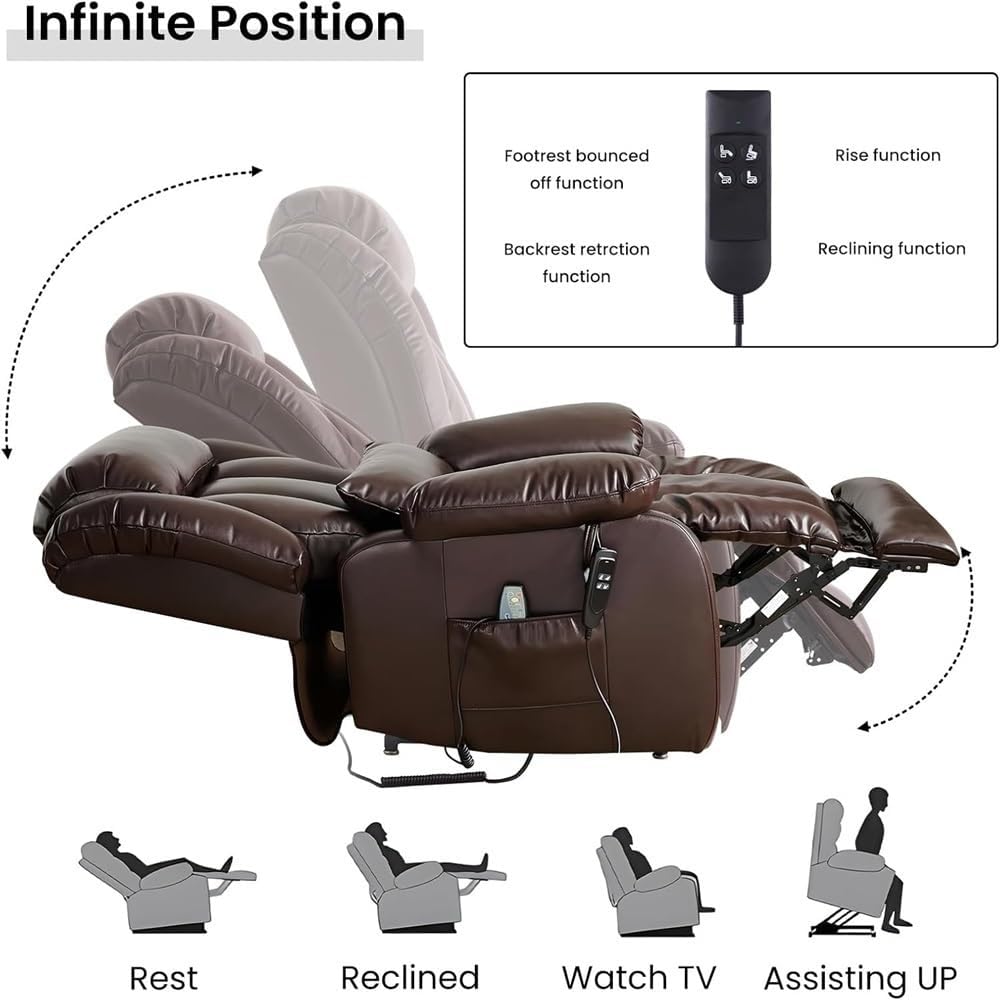Power Lift Recliner Chair for Elderly with Dual Motor Heated Massage Electric Lay Flat Sleeping Chair Infinite Positions Remote Control Leather Recliner Extended Footrest