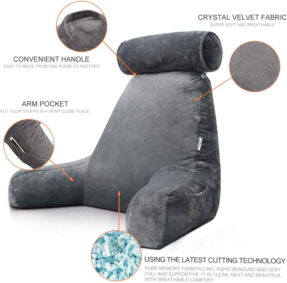 Extra Large Reading Pillow for Sitting in Bed Adult with Detachable Neck Support Cushion & Backrest Pillow for Bed with Arms and Side Pocket Shredded Foam Back Pillow with Washable Cover