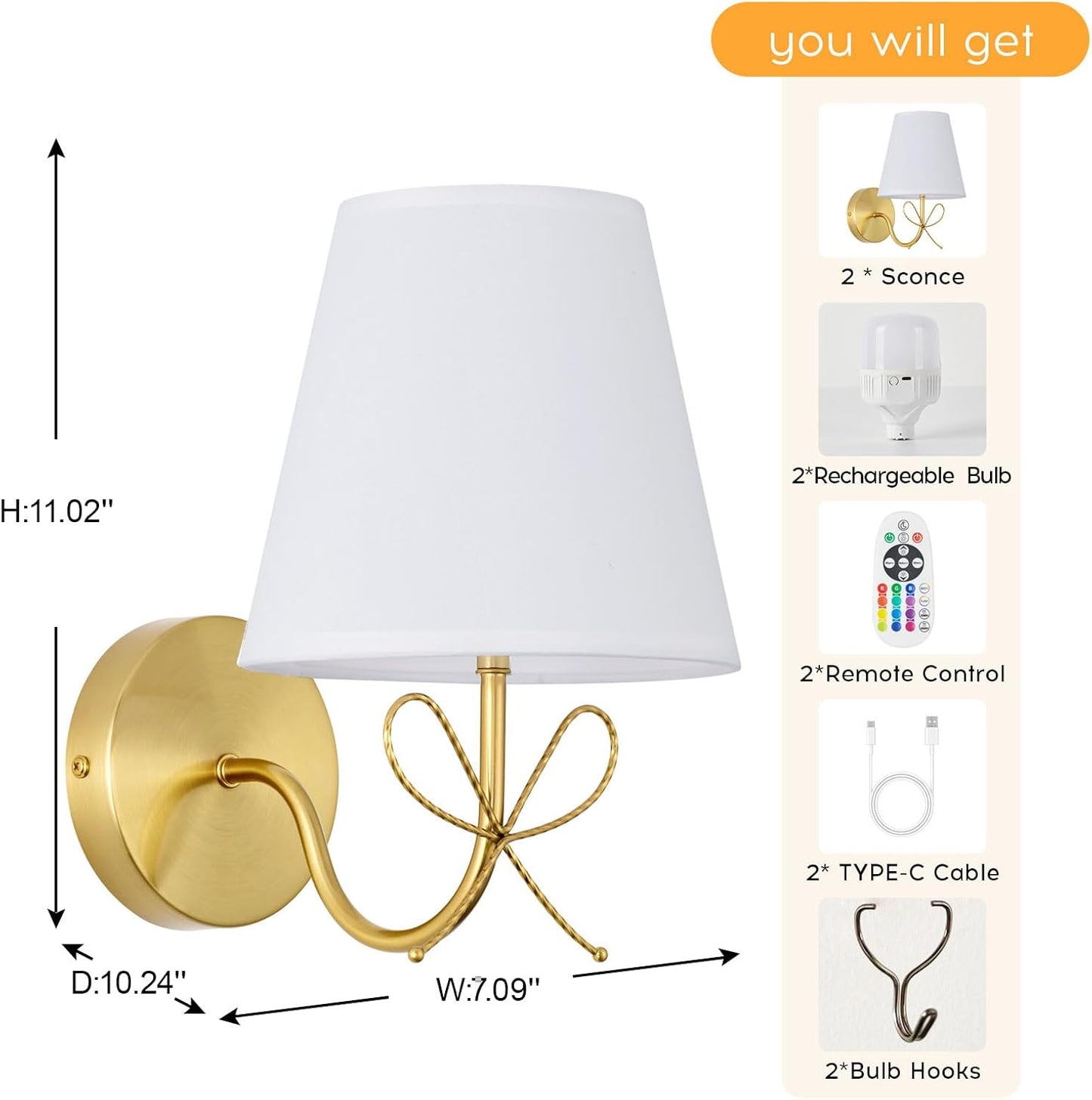 PASSICA DECOR Bow Wireless Battery Operated Wall Sconce Set of 2, Rechargeable Dimmable LED Lights with 15 Colors, Timer, Remote Control,Bow Lamp for Girls Rooms,Bedroom Living Room