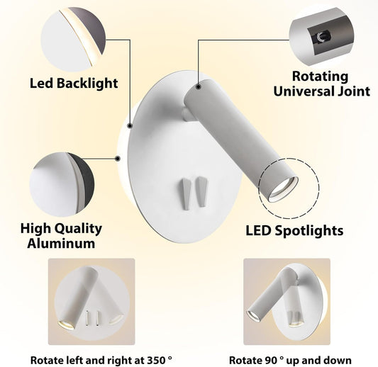 ZEROUNO Bedroom Wall Lamp with Switch Reading Light Hardwired Sconces Which Angle Adjustable for Bed-Side Interior Design (White)