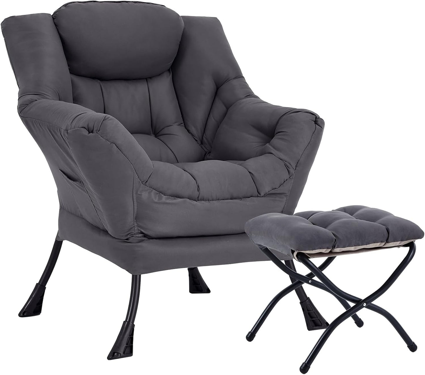 Lazy Chair with Ottoman, Large Dark Grey Accent Chair with Ottoman, Comfy Reading Armchair, Leisure Sofa Chair for Living Room, Bedroom, Dorm Room, Office