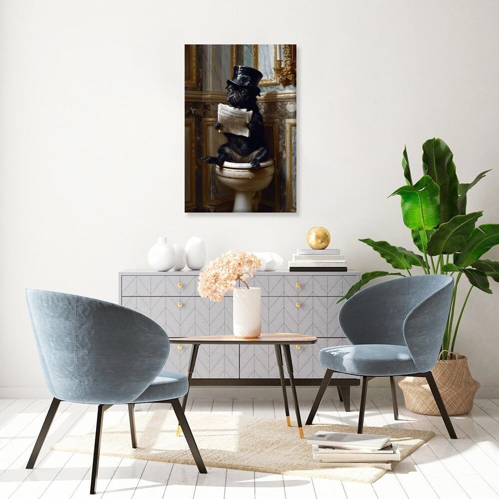 Pug Dog Reading Newspaper on Toilet Whimsical Fine Art Print Vintage Painting Canvas Wall Prints Poster Modern Home Aesthetic Decor Wall Art for Bedroom Dorm Framed24x36inch