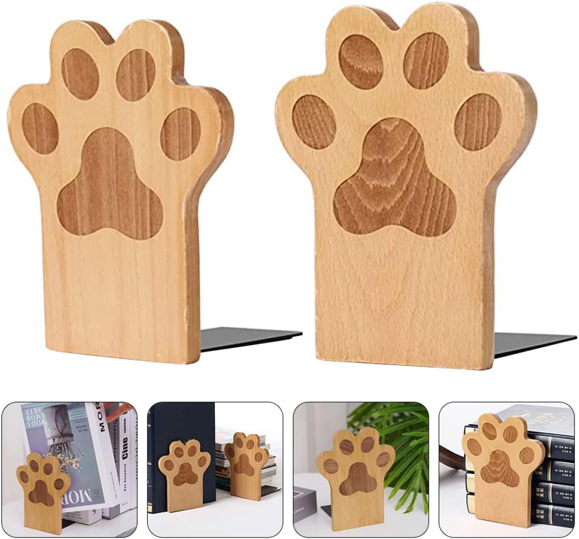 PRETYZOOM 2pcs Solid Beech Wood Bookends with Cat Paw Design, Desktop Book Support for Students, Office Accessory and File Organizer, Non-Slip Book Stoppers for Home and Study Desk