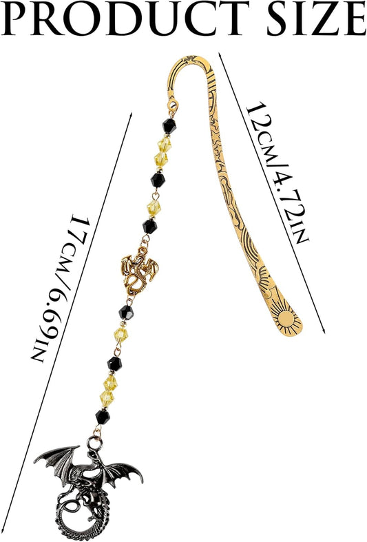 Fantasy Dragon Metal Bookmark - Vintage Fourth Wing Hook Book Marks Page Mark with Beaded Gold Black Dragons Charm for Men Students Teachers Reading Lovers Birthday Gifts School Accessories