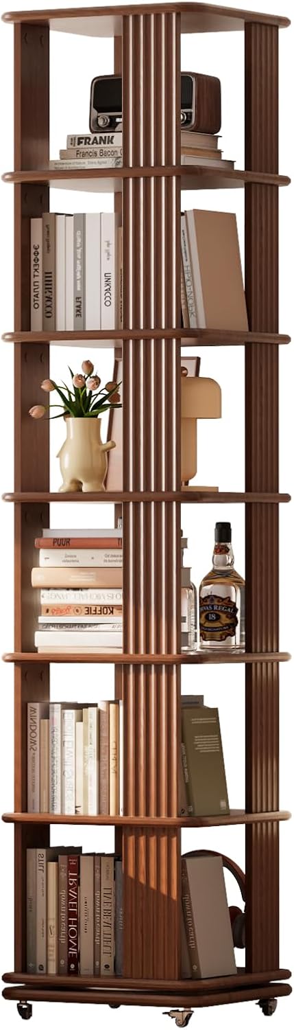 Solid Wood Rotating Bookshelf, 6-Tier Rolling Bookcase,360 Degree Revolving Bookshelf,Spinning Bookshelf Tower for Small Spaces, Bedroom,Office,Living Room,Classroom (Walnut)