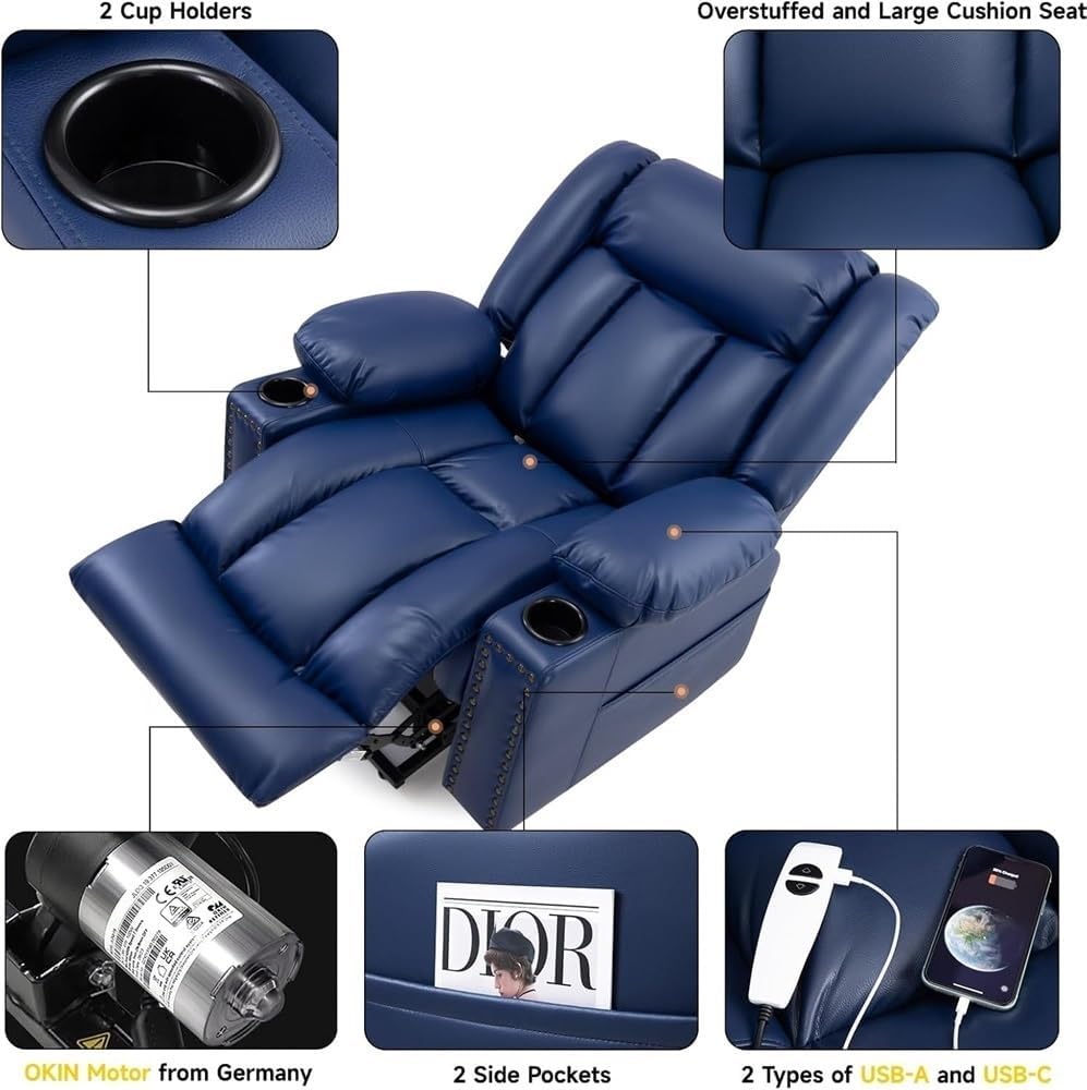 Large Power Lift Recliner Chair for Elderly Heated Massage Overstuffed Adjustable Leather Lounge Seat Three Position Electric Sofa Cup Holder Comfortable Supportive