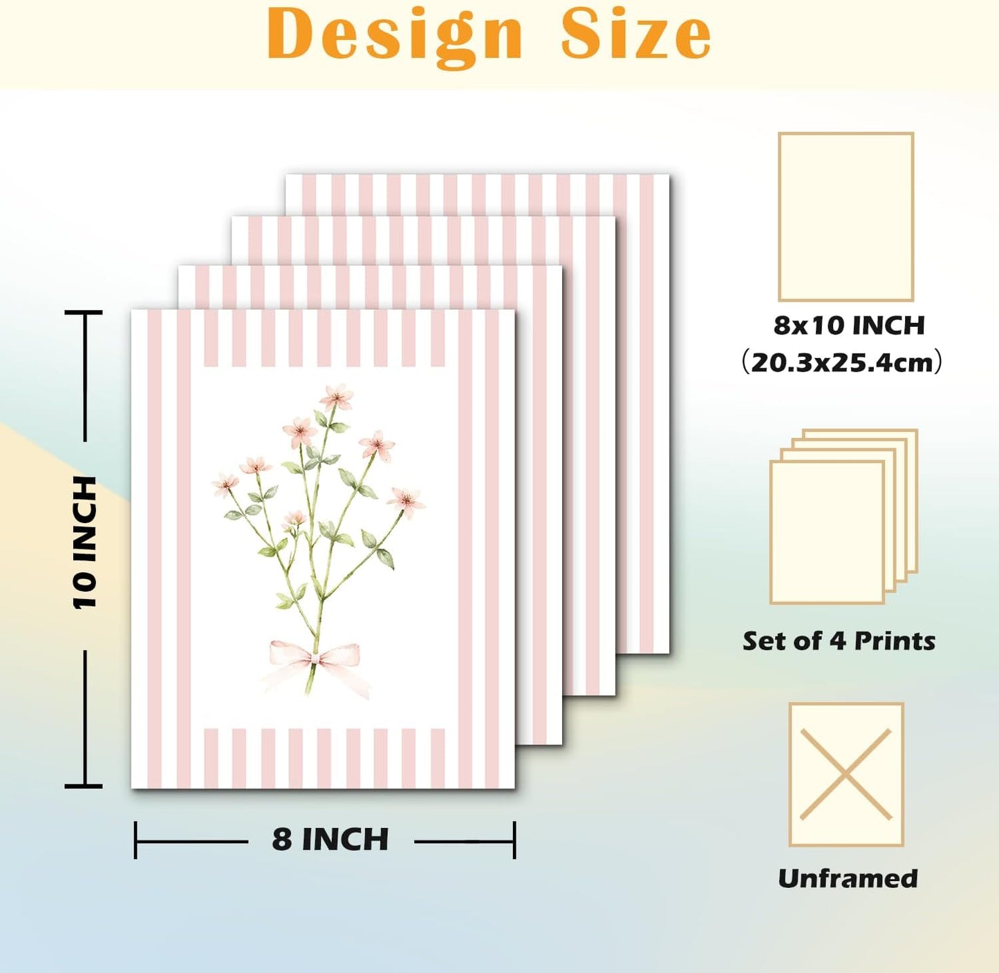 JINYO Coquette Pink Bow Floral Wall Art Prints Set of 4, Floral Room Decor, Preppy Pink and White Striped Flower Posters Pictures Wall Decor for Girls Room Bedroom Dorm Home, 8x10 Unframed