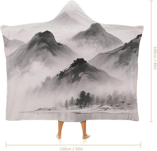 Ink Painting Landscape Wearable Hoodie Blanket for Women Men Fleece Blanket with Hood Oversized Warm Cozy Gifts