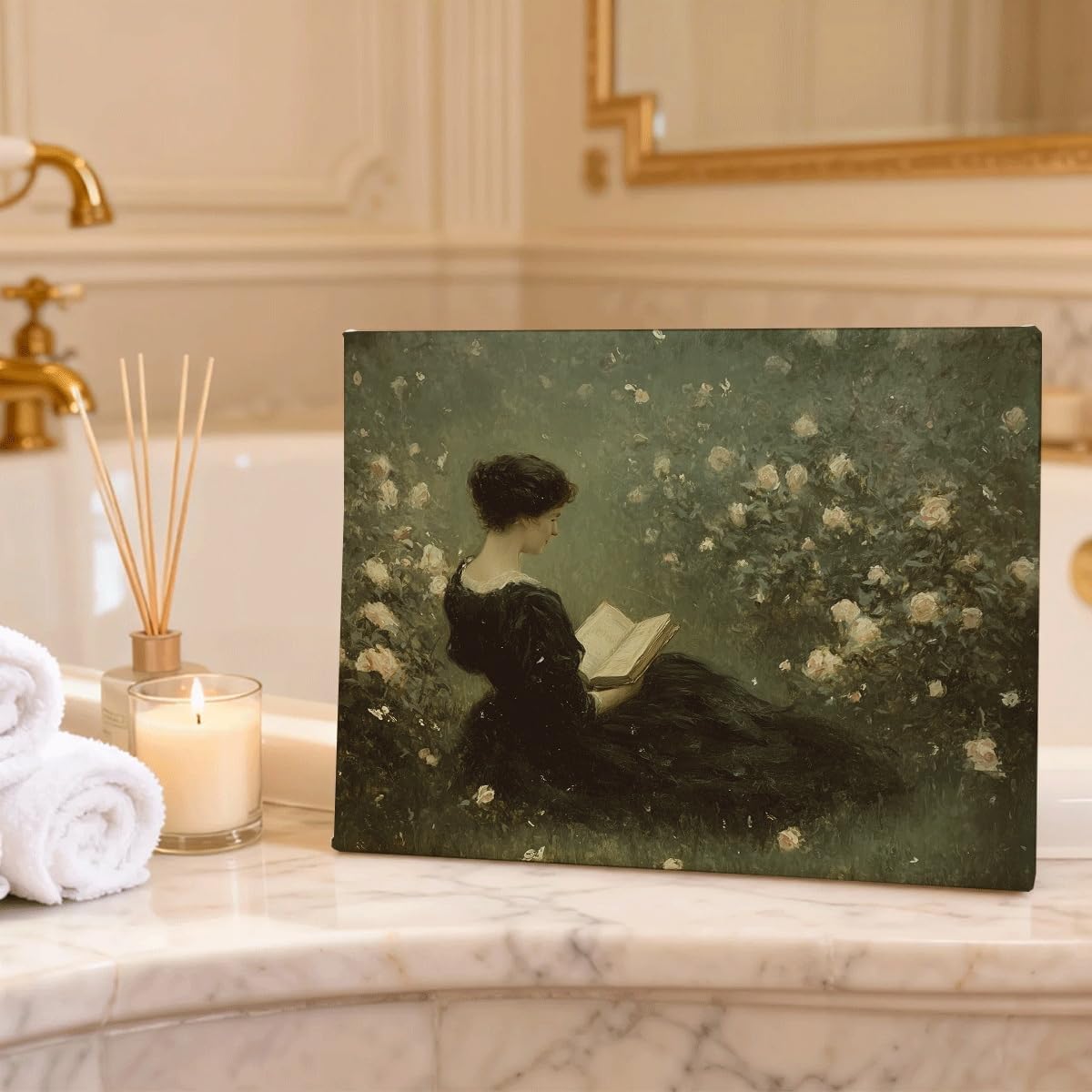 RTVJTERQ Vintage Oil Painting Wall Art, Woman Reading in Rose Garden, Romantic Figurative Fine Art Decor for Bedroom Living Room Study, Classic European Style, Timeless Aesthetic, 8x10 Inches