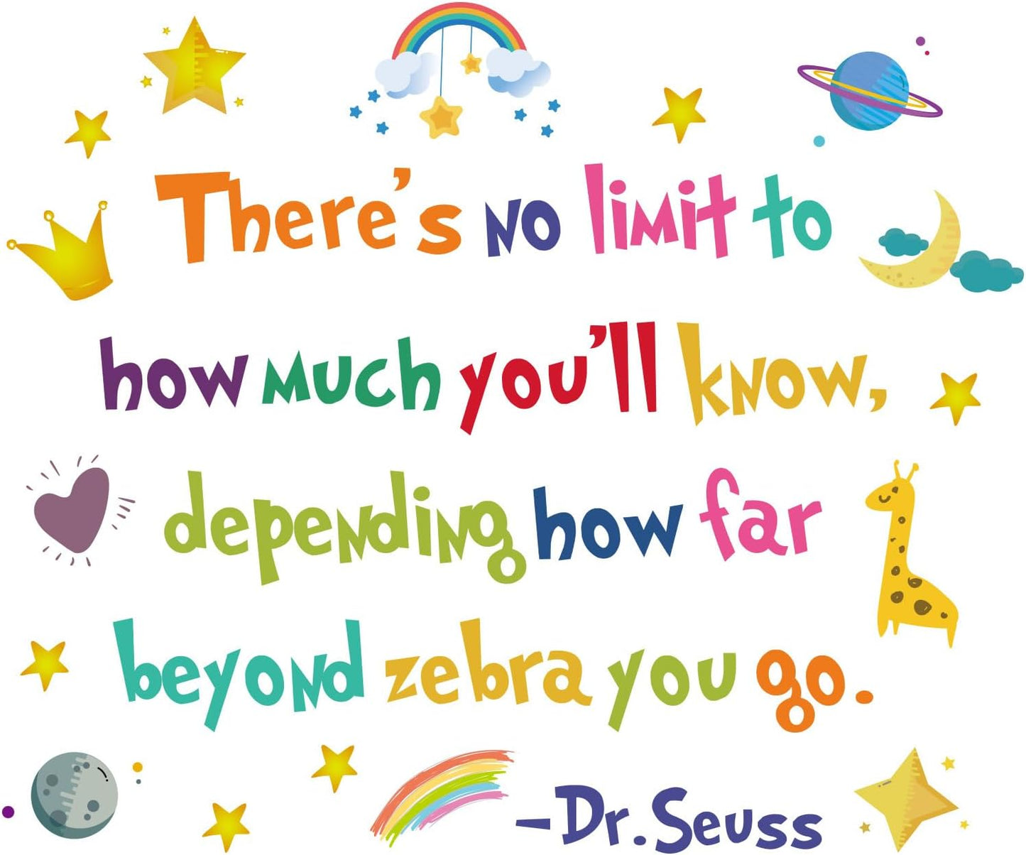 BooDecal 25.6 x 21.3 inches Colorful Dr Seuss No Limit Motivational Education Wall Lettering Stickers Murals Quotes and Sayings Home Art Décor for Door Entrance Living Room