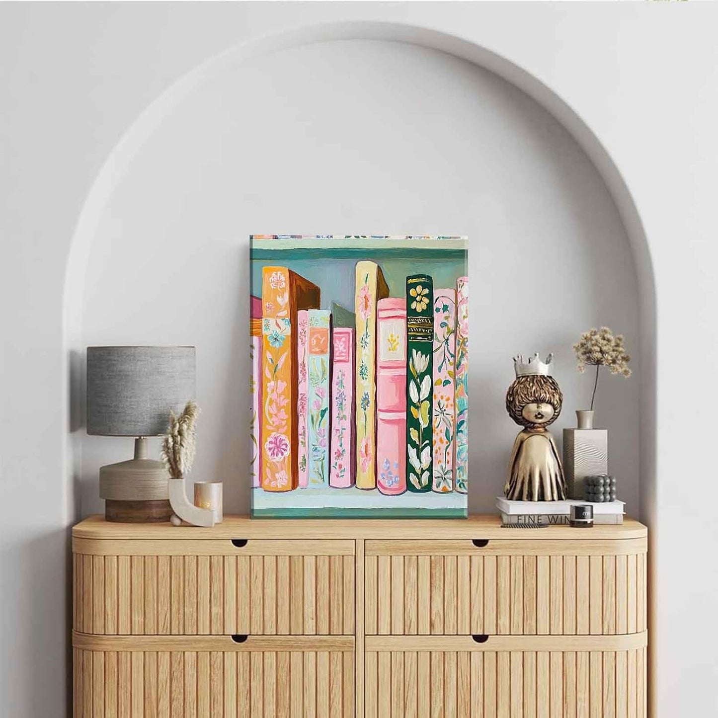 Pastel Book Canvas Wall Art Modern Study Colorful Books Decor Pictures Girl Reading Bookworm Nook Paintings Poster Prints for Home Decoration Classroom Bathroom Bedroom Living Room Decoration