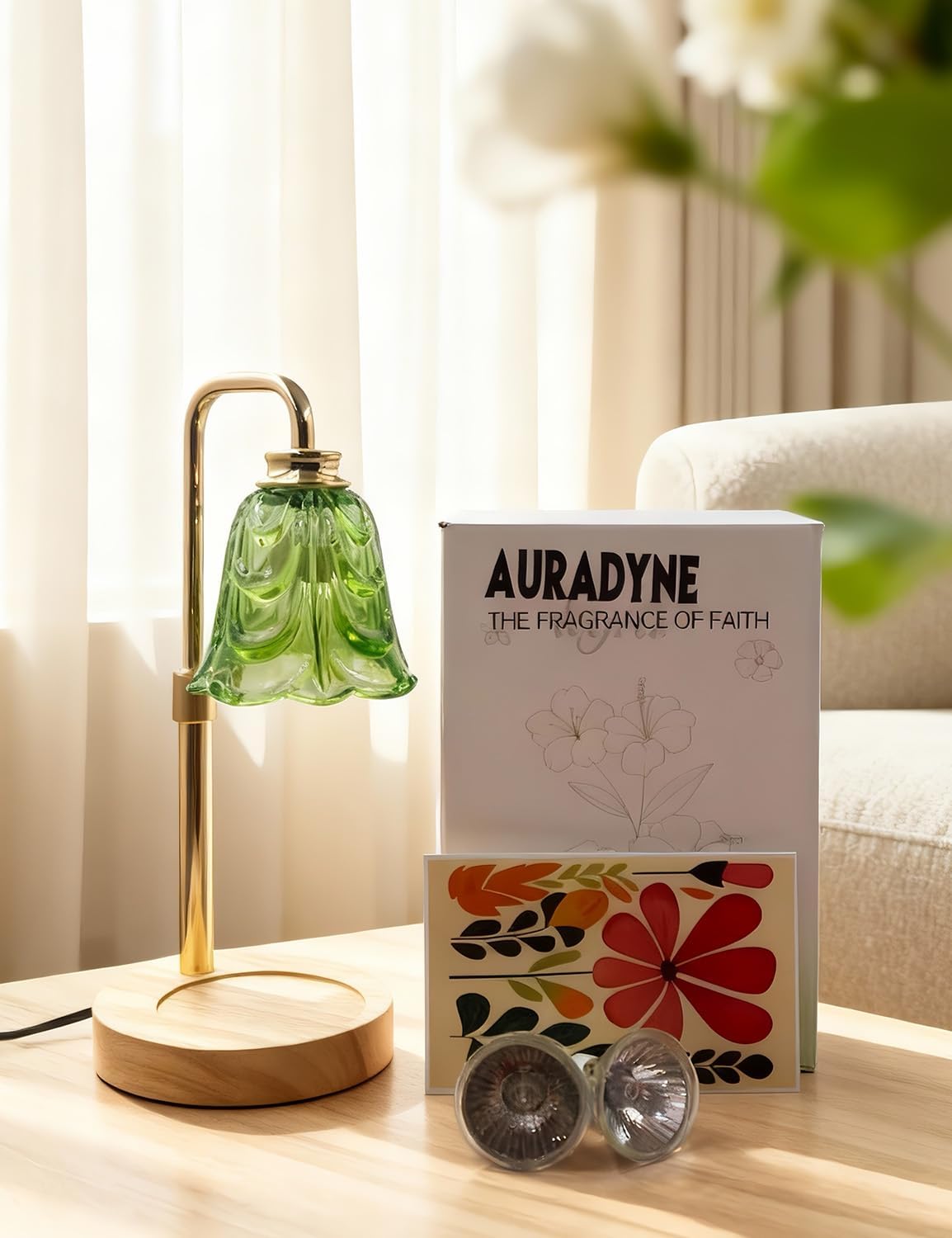 Candle Warmer Lamp with Timer, Green Flower Glass Candle Lamp Warmer, 5-Level Dimmable Lamp Candle Warmer Candle Wax Warmer Lamp, Adjustable Height Wax Melt Lamp Candle Burner Lamp