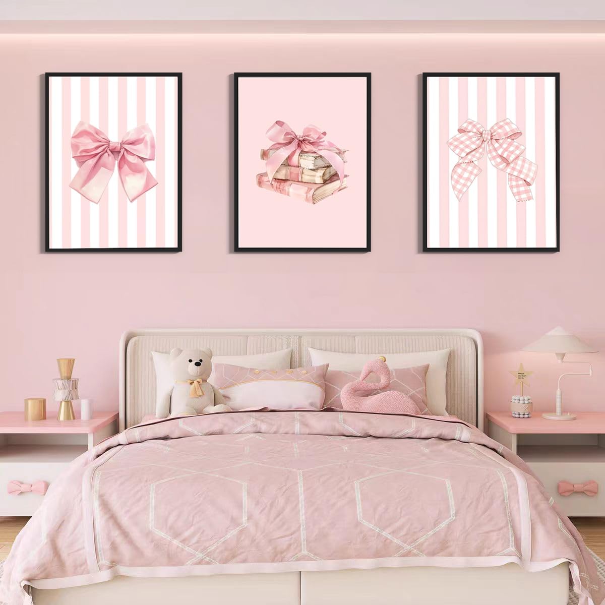 3Pcs Pink Bow Canvas Wall Art Coquette Preppy Reading Poster Print Pink Book Stripes Aesthetic Pictuer Painting for Girl's Room College Dorm Bedroom Living Room Library Wall Deocr (16×24in Unframed)