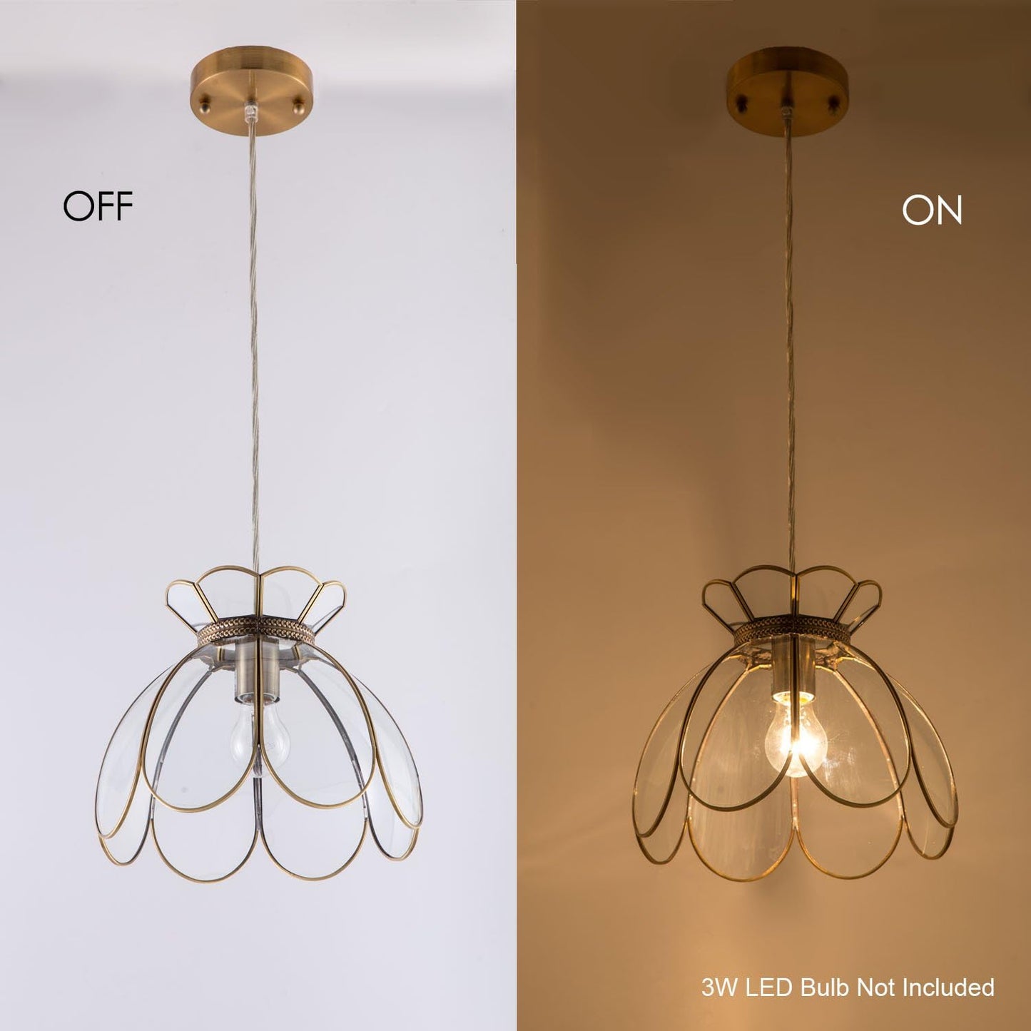Brass Glass Ceiling Pendant Light, Hanging Chain lamp, with Vintage Lotus Flower Glass Shade for Kitchen Island Dining Room Bedroom Living Room-12 Clear Large Shade