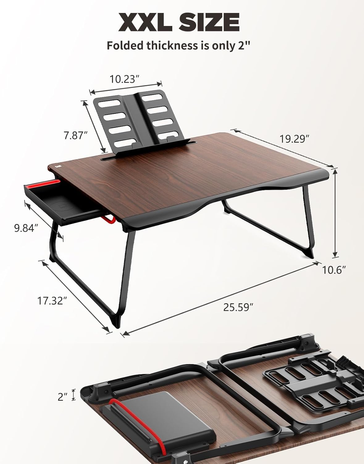Laptop Desk for Bed, SAIJI XX-Large Foldable Bed Tray Table for Eating Breakfast, Writing, Working, Gaming, Drawing with Storage Drawer, Handrest Bookstand, Tablet Stand, Phone Stand(Black Cherry)