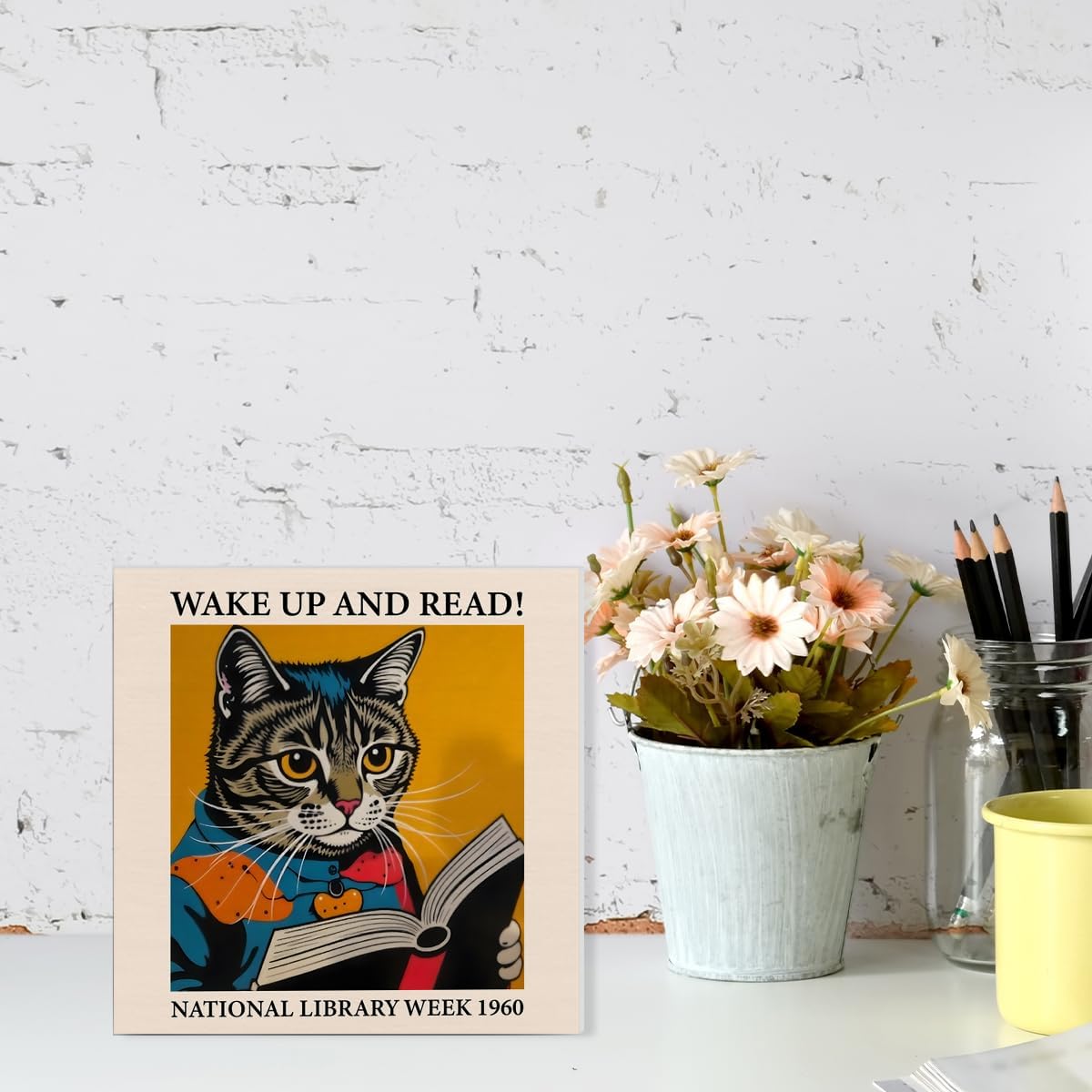 Cat Reading Sign Decor Wake Up and Read Wood Block Sign Inspiring Home Desk Table Shelf Decoration Reader Gift