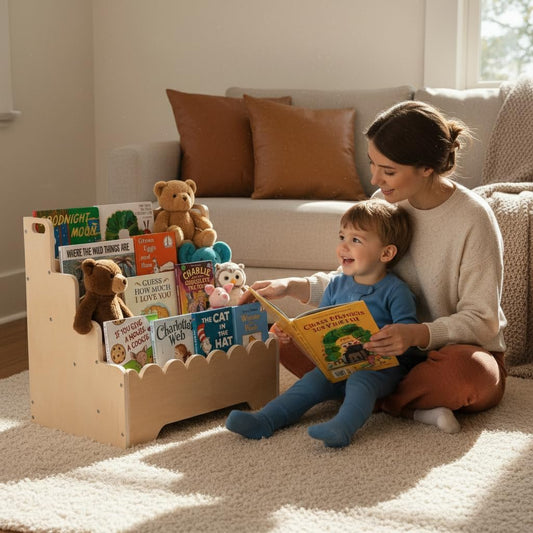 Small Wooden Bookshelf 4-Tier, Natural Pine Wood Kids Bookshelf, Scalloped Toddler Book Shelf, Baby Nursery Book Shelf, Display Front Facing Montessori Book Case for Children Room Playroom