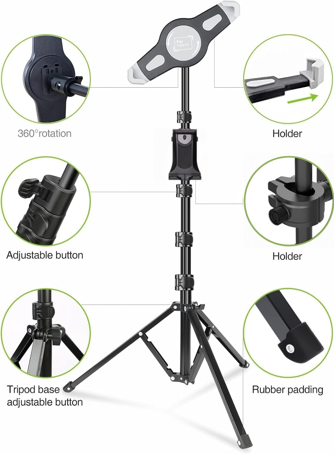 elitehood iPad Tripod Stand, 65-inch Height Adjustable iPad Stand Holder, 360° Rotating Tablet Tripod for Music, Compatible with iPad Pro 13 12.9 11 Air and All 4-14.5 Inch Tablets