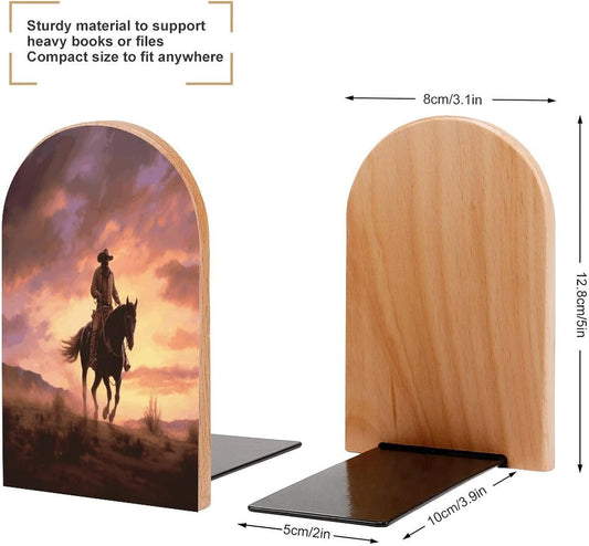 Cowboy West Bookends 1 Pair Heavy Duty Book Ends for Shelves Non-Skid Bookend Supports Wooden Book Holders with Metal Base Desk Organizers Books Storage to Hold Books