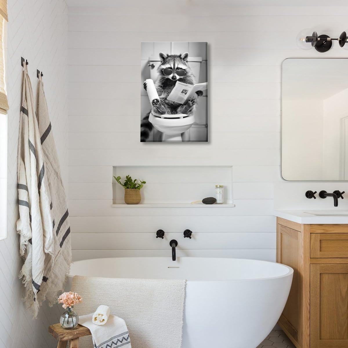 Funny Bathroom Wall Art Raccoon on Toilet Reading Newspaper Poster Trendy Black and White Art Aesthetic Canvas Prints for Bedroom Toilet Wall Decor12x18inch Unframed