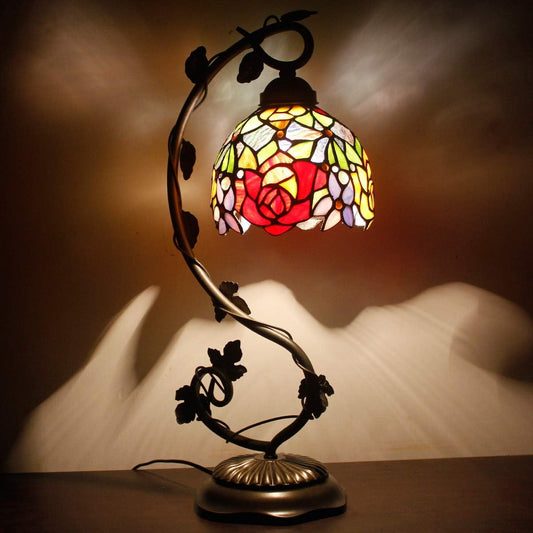 WERFACTORY Tiffany Table Lamp Red Rose Style Stained Glass Reading Desk Light with Metal Leaf Base 6X10X21 Inches Decor Small Space Bedroom Home Office S001 Series
