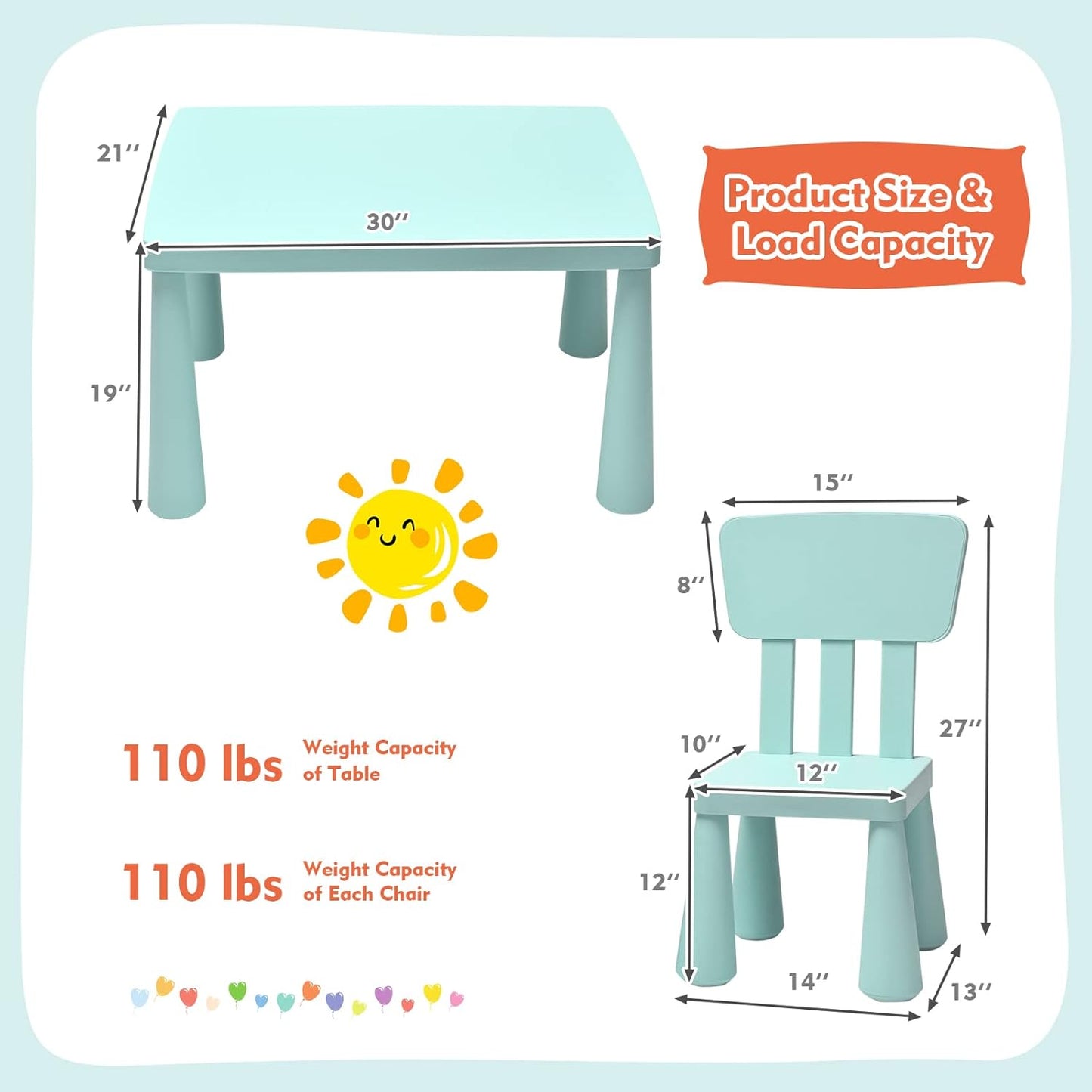 Toddler Table and Chair Set, Plastic Kid Activity Table & 2 Chairs, 3-Piece Children Playroom Furniture Set for Reading, Writing & Painting, Kids Table and Chair Set for Age 3-7 (Green)
