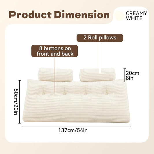 Headboard Pillow Full - Adjustable Back Support Wedge Pillow for Sitting Up in Bed, Perfect for Reading. Includes Removable & Washable Cover,Beige (54x8x20 Inches)