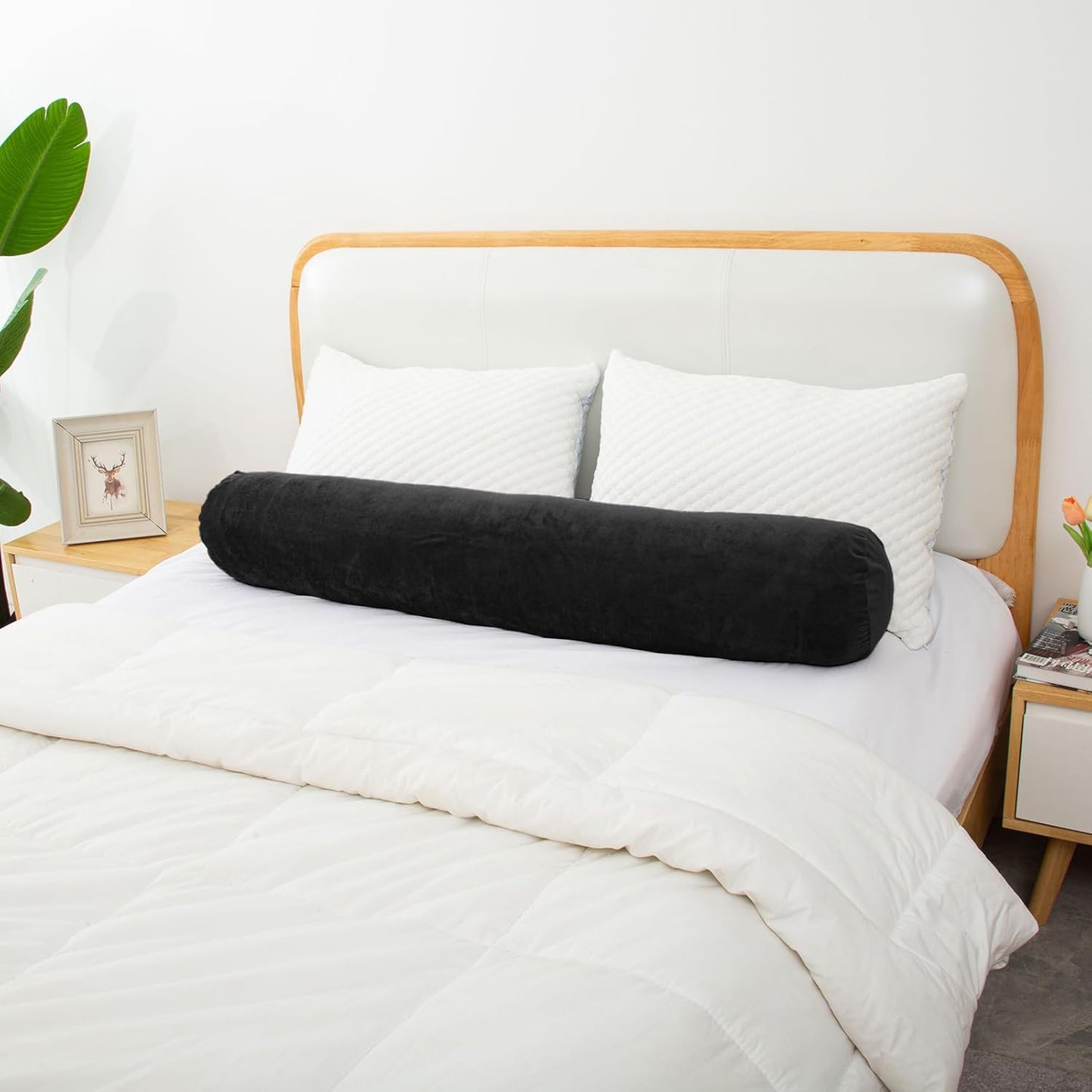 Round Body Pillow for Adults, Long Bolster Pillow for Bed with Removable Velvet Cover, Decorative Tube Roll Cylinder Pillow, 35 x 7.87 Inch, Black