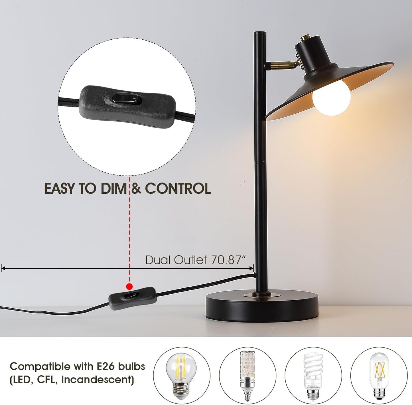 Modern Desk Lamp Black Gold Table Lamp Metal Reading Light with Adjustable Swivel Arm Reading Lamp for Nightstand Bedside Table, Office Desk, Living Room