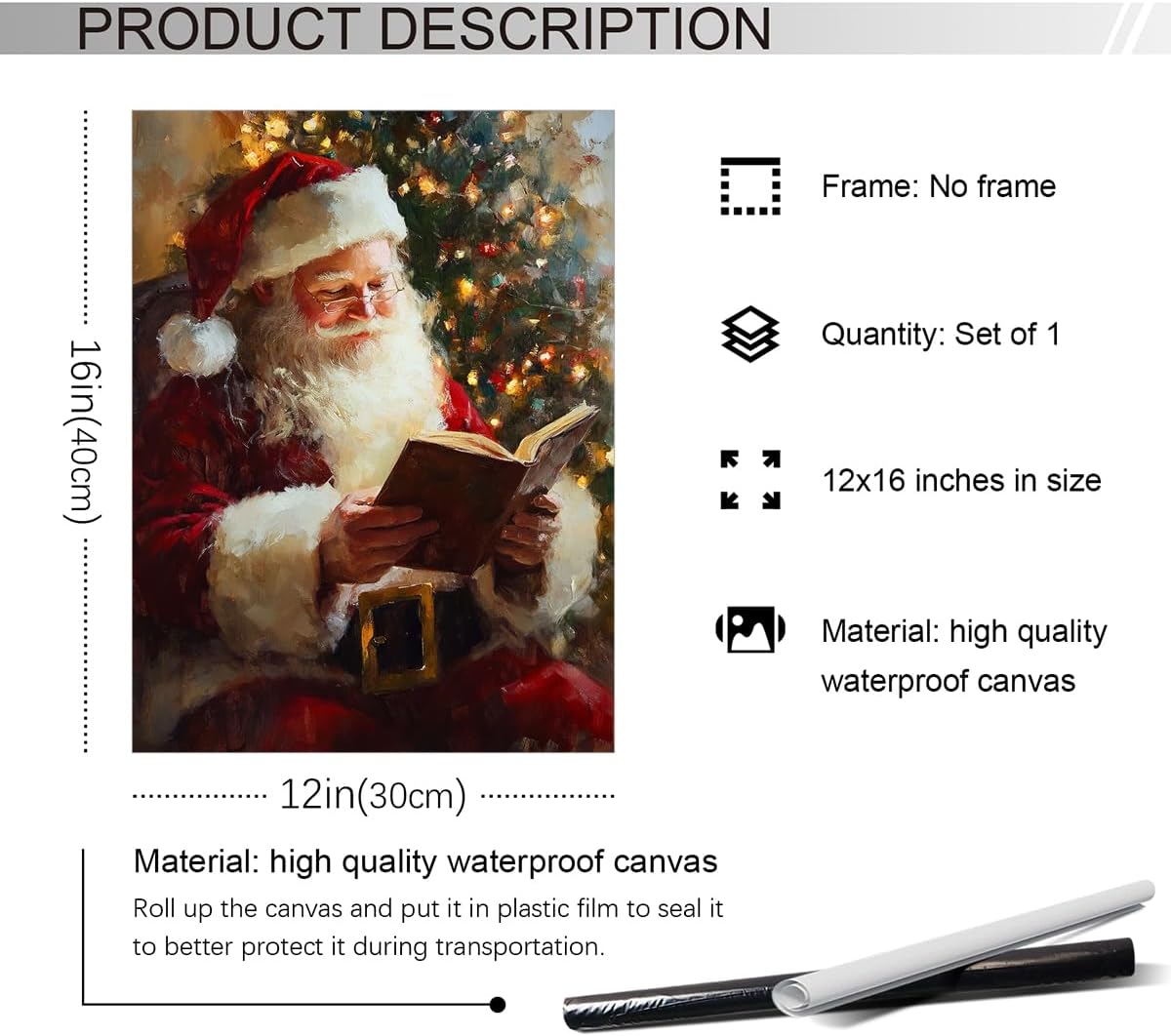 Vintage Christmas Canvas Wall Art, Santa Antique Oil Painting, Santa Claus Reading Booking Poster, Merry Christmas Poster Hobby Lobby Santa Picture, Xmas Wall Decorations Gifts 12x16in Unframed
