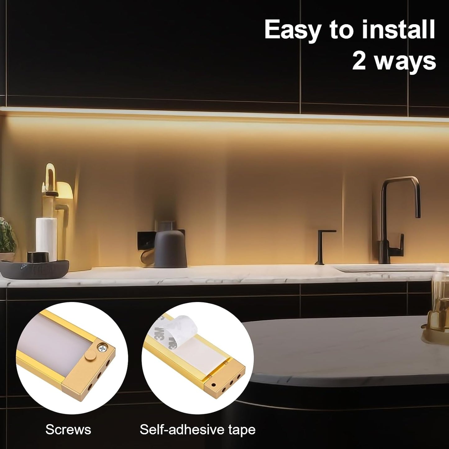 6pack 12inch Dimmable LED Under Cabinet Light Kit, 2700K to 6000K Smart LED Under Counter Lighting Fixture, Compatible with Alexa, Google Assistant, for Kitchen, Pantry, Shelf (Gold)