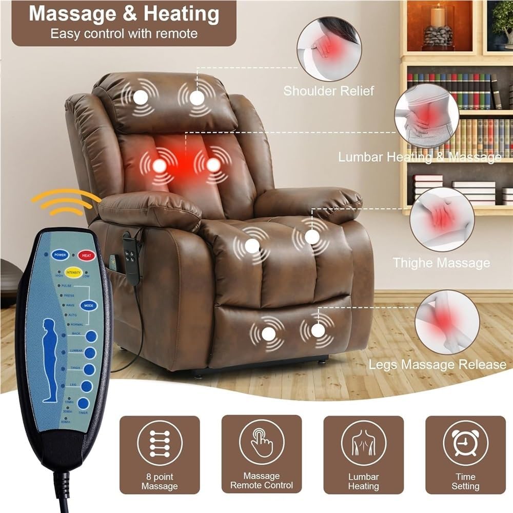 Overstuffed Leather Recliner Chair for Adults, Comfy Reclining Sofa with Padded Armrests and Back, Single Lounge Armchair for Living Room, Home Theater & Bedroom, Brown