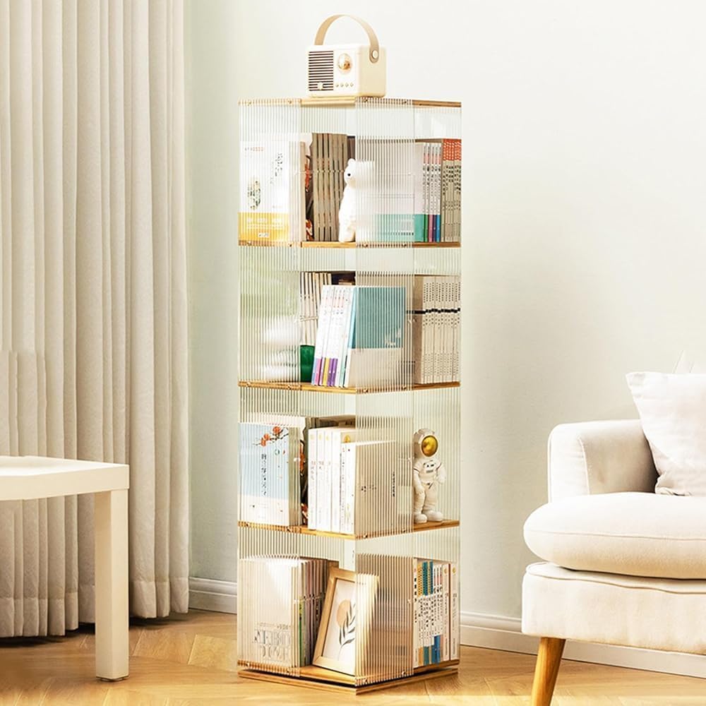 360-Degree Rotating Bookshelf, Spinning Bookcase with Clear Acrylic & Solid Wood, Modern 5-Tier Storage Organizer for Kids' Playroom & Bedroom, Stylish Home Decor