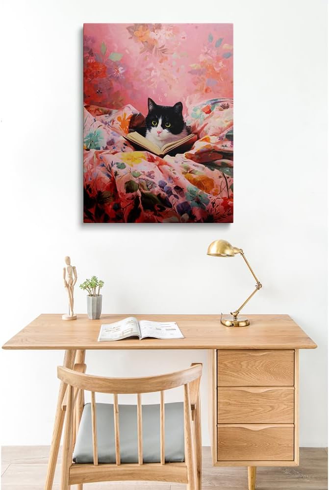 Funny Cat Reading Book with Green Eyes Canvas Wall Art Framed Whimsical Animal Painting Prints Posters Artwork for Girls Room Wall Decor Pink Aesthetic Cute Cat Lover Gift 12x16 Inches
