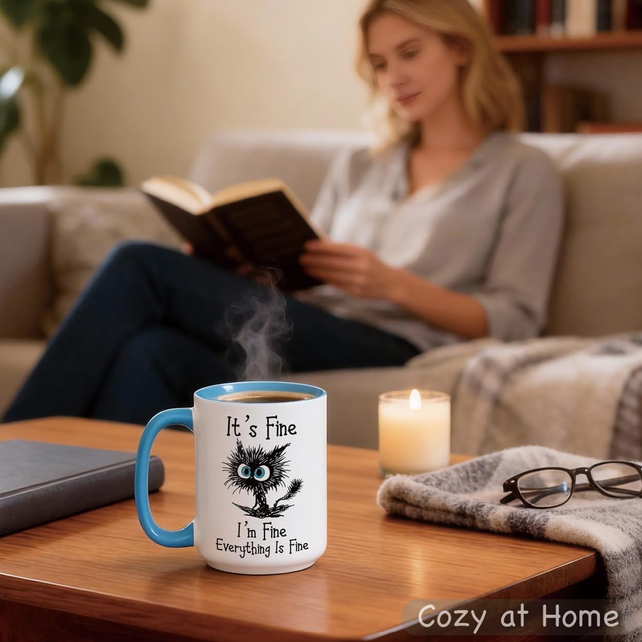 Funny Black Cat Coffee Mug – 15oz Sarcastic I am Fine Everything's Fine Cup – Big Ceramic Mug with Blue Handle – Microwave & Dishwasher Safe – Funny Gag Gift for Cat Lovers, Women, Coworkers