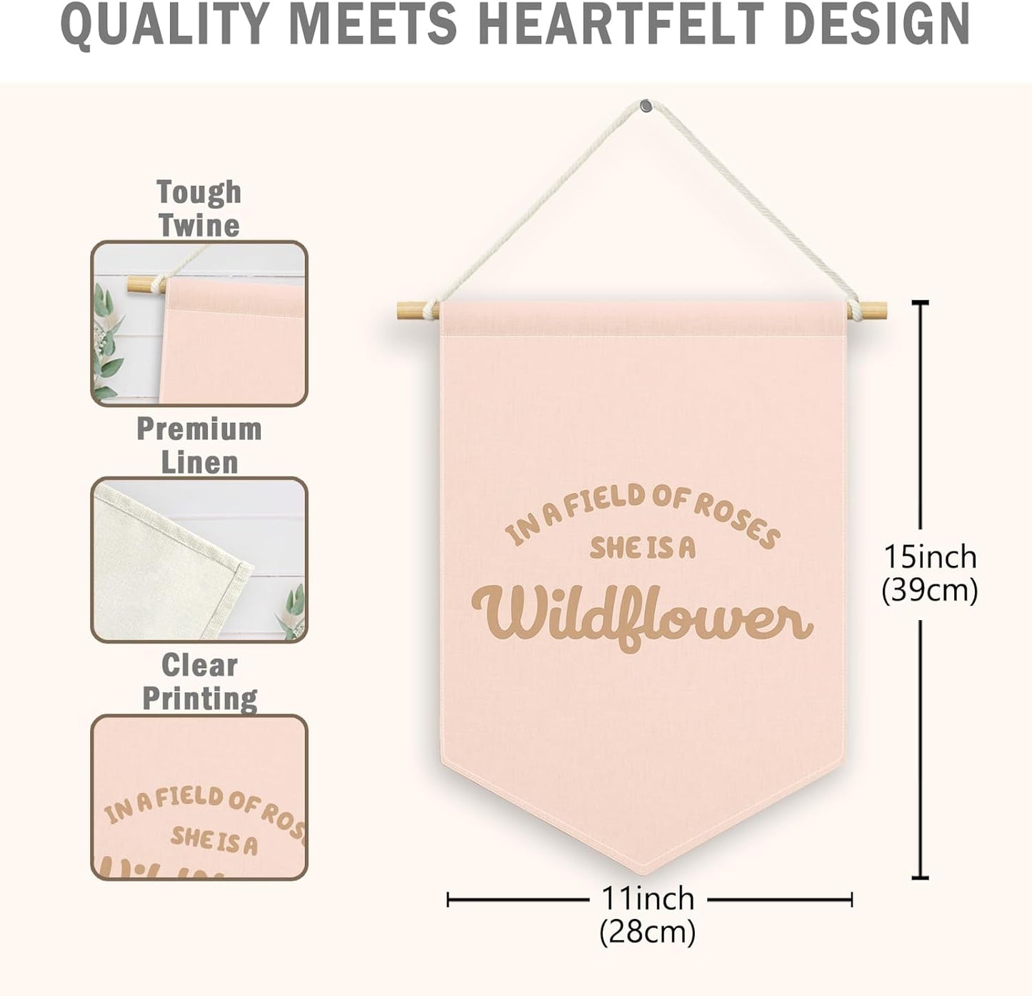 Pink Girls Banner Canvas, Inspirational Girly Kids Room Decor, She Is A Wildflower Pennant Flag Sign Hanging, Nursery Boho Wall Art Gifts for Toddler Room Playroom Baby Shower Decor 11x15in