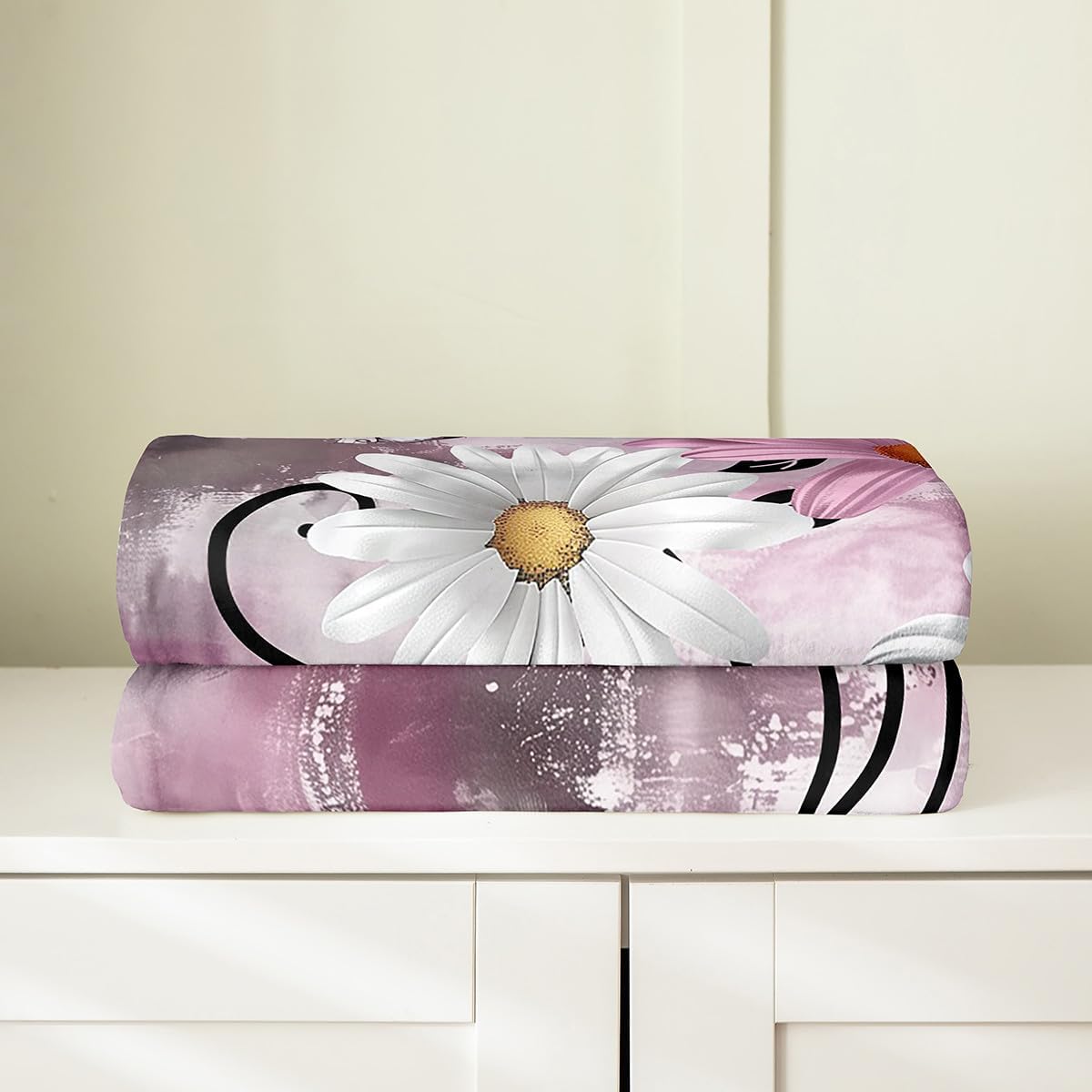 Erosebridal Ombre Abstract Pattern Flannel Blanket White and Pink Floral Oil Painting Style Fleece Throw Blanket Queen Inch for Girls Women Kids Vintage Farmhouse Art Aesthetic Bedroom