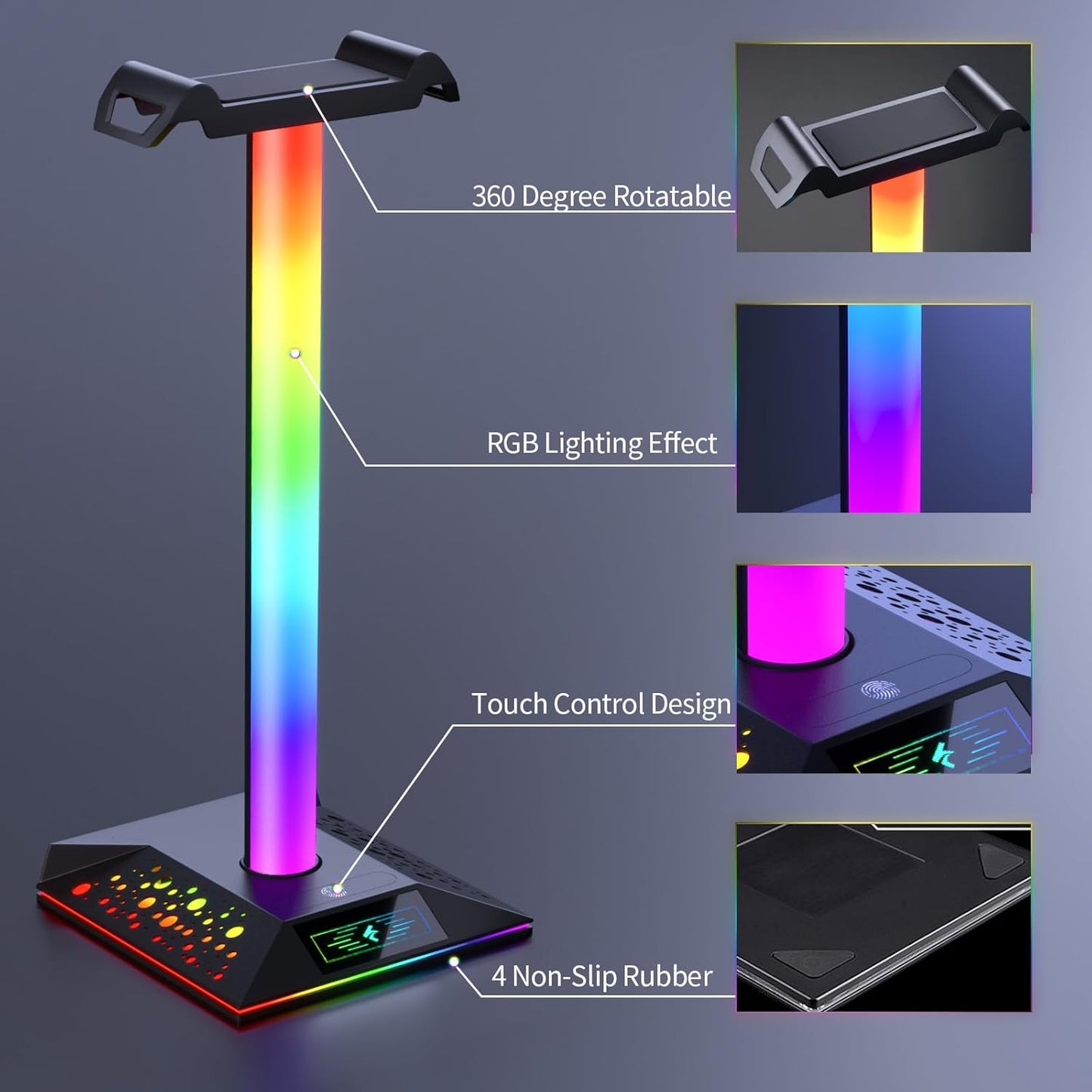 Gaming Headphone Stand PC Accessories - RGB Headset Stand with 2 USB Charger, Cool LED Headphone Holder PC Gaming Accessories for Boys Men Gamers, Computer Game Hardware for Desk