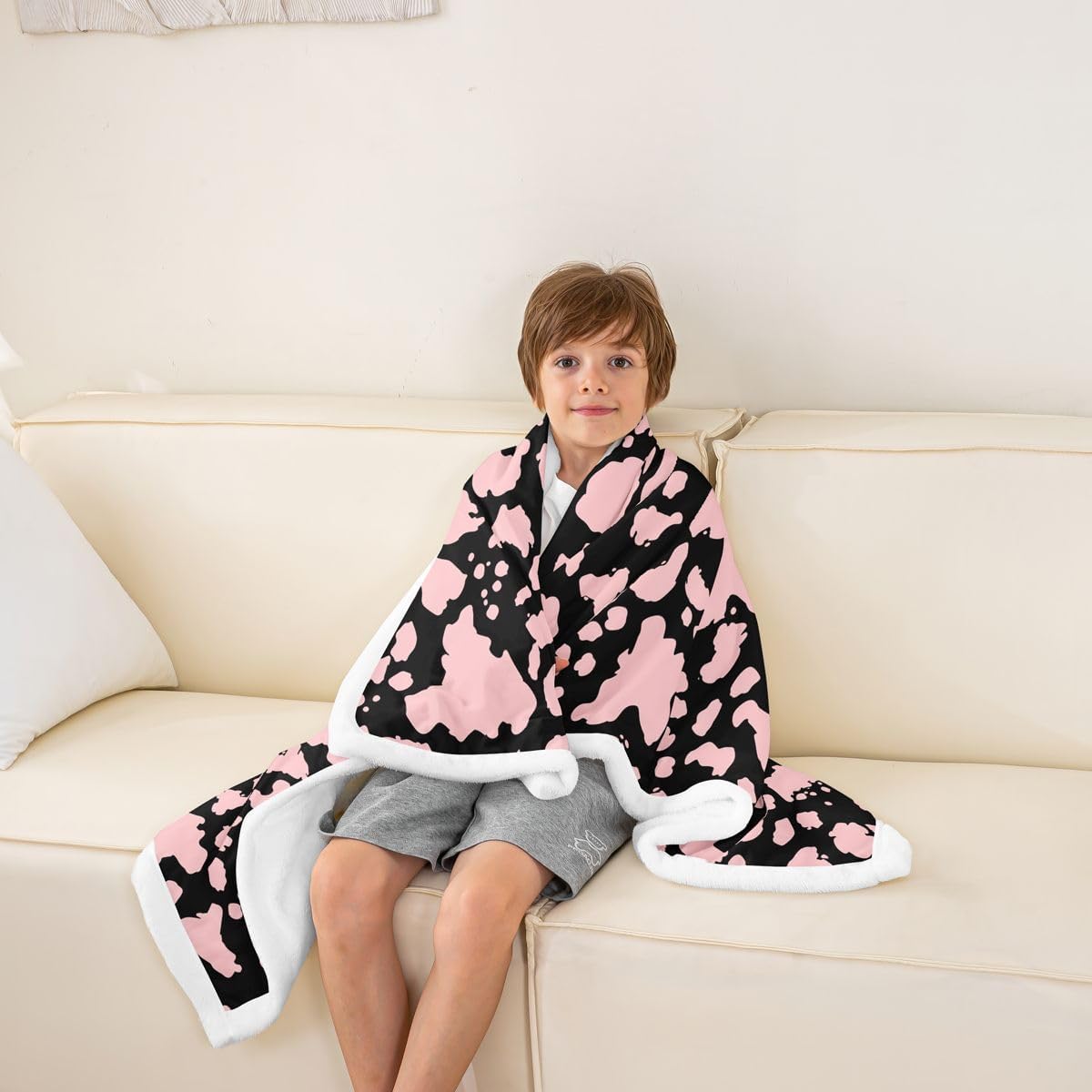 Feelyou Cow Print Sherpa Throw Blanket for Couch Black Pink Super Soft Cozy Fleece Cartoon Milk Cow Blanket for Winter, Plush Throw Animal Twin 60"x80" Farmhouse All Season
