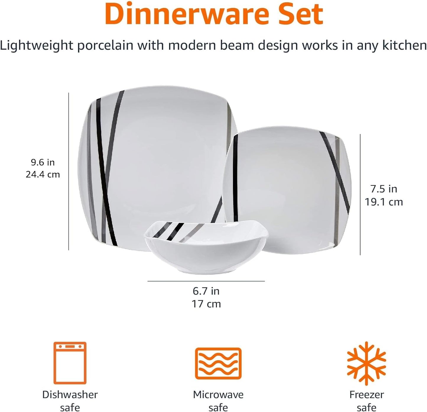 Amazon Basics 18 Piece Kitchen Dinnerware Set, Dishwasher and Microwave Safe, Square Plates, Bowls, Service for 6, Modern Beams