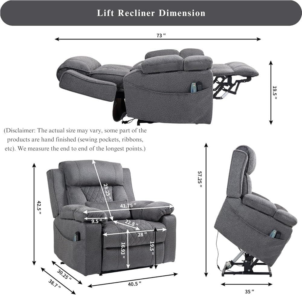 Ergonomic Electric Power Lift Recliner Sofa for Seniors Adjustable Back & Leg, Heated Massage, Dual Cup Holders, Side Storage Pockets, USB Charging, Comfortable Fabric Reclining Chair