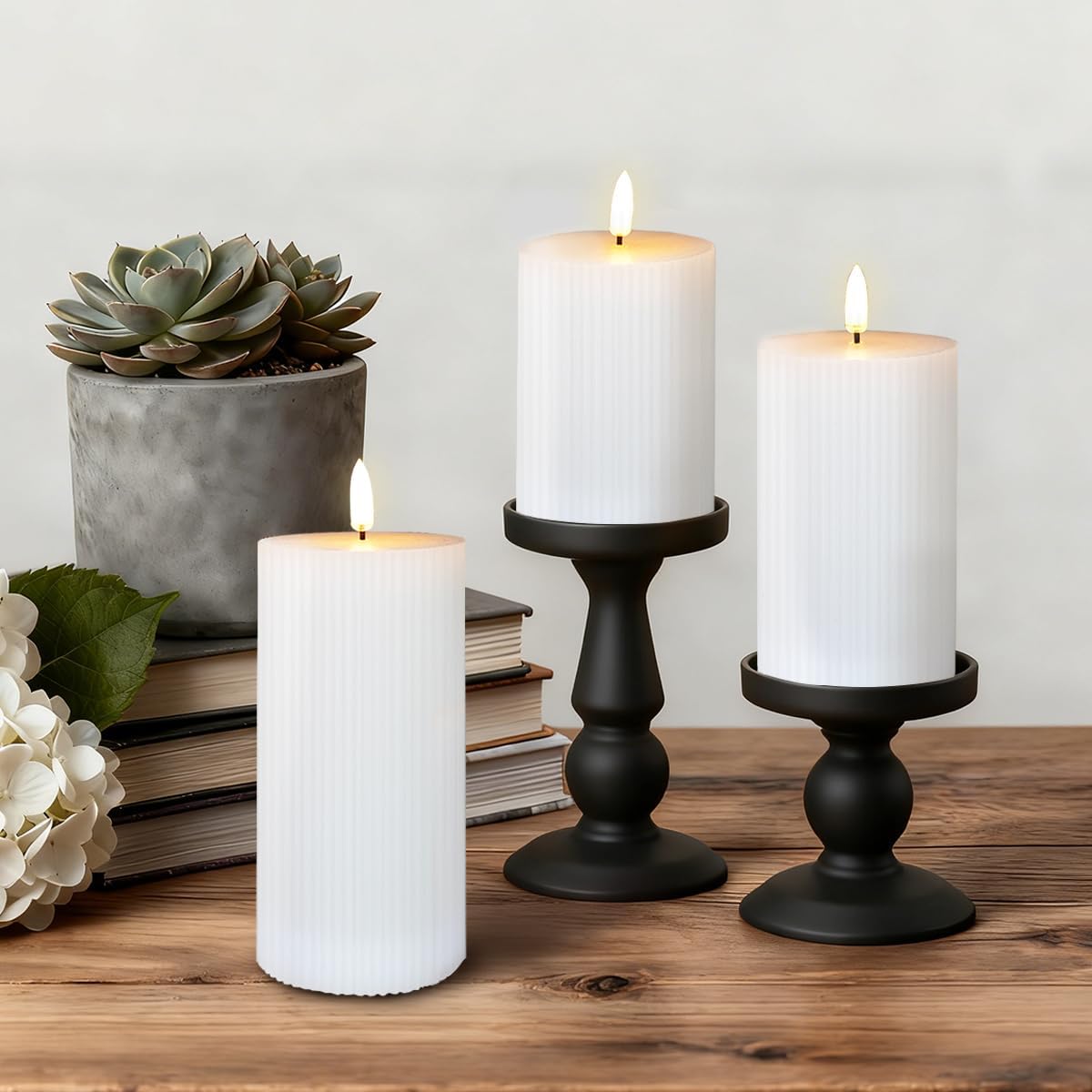 Rechargeable Flameless LED Pillar Candles–Luminous Real Wax Indoor Home Decor–Set of 3, Realistic Flickering LED Flame,Remote & Timer, USB-Rechargeable(White)