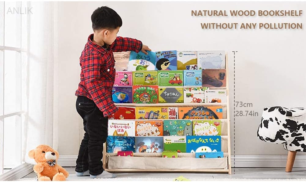 Sling Bookshelf Kids Book Rack Storage, Natural Beige (Beige, W:60cm)
