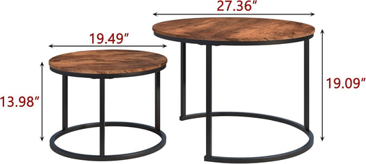 BOFENG Round Nesting Coffee Tables, Set of 2 End Tables for Living Room/Balcony, Stacking Industrial Side Tables,Wood Look Accent Furniture with Sturdy Metal Frame,Easy Assembly