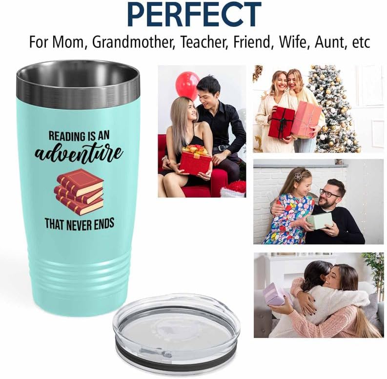 Bookish Tumbler 20oz Teal -Reading is an adventure - Novel enthusiast Book Club Librarian Book Lover Writer Reader Bibliophile